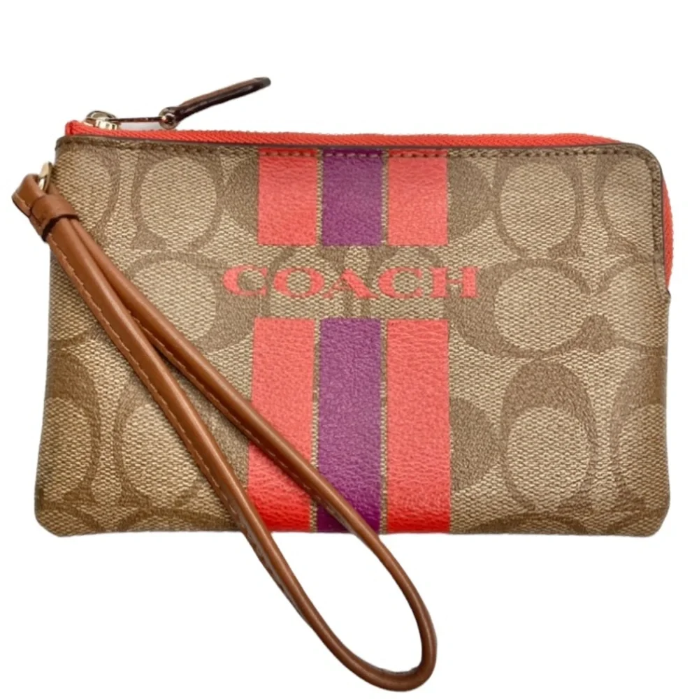 COACH Varsity Stripe Corner Zip F66052 Khaki Tan Purple Orange Coral Wristlet